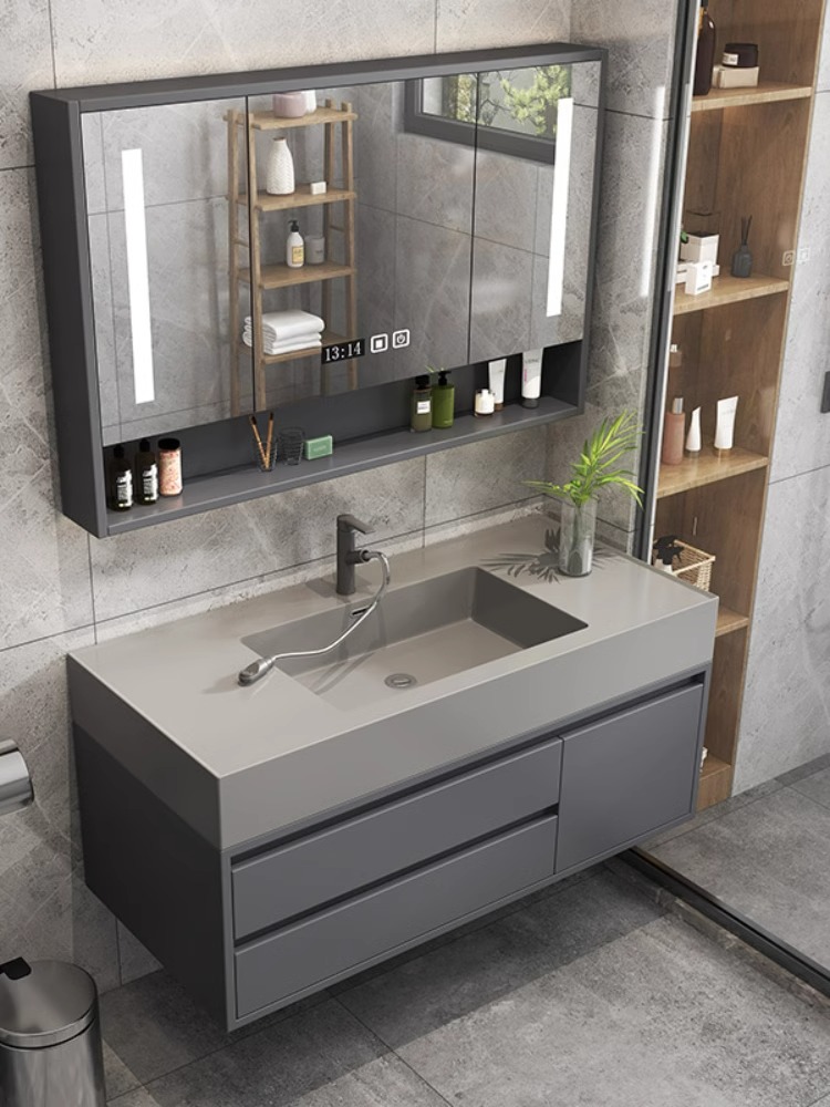 实木浴室柜组合智能微晶石一体盆