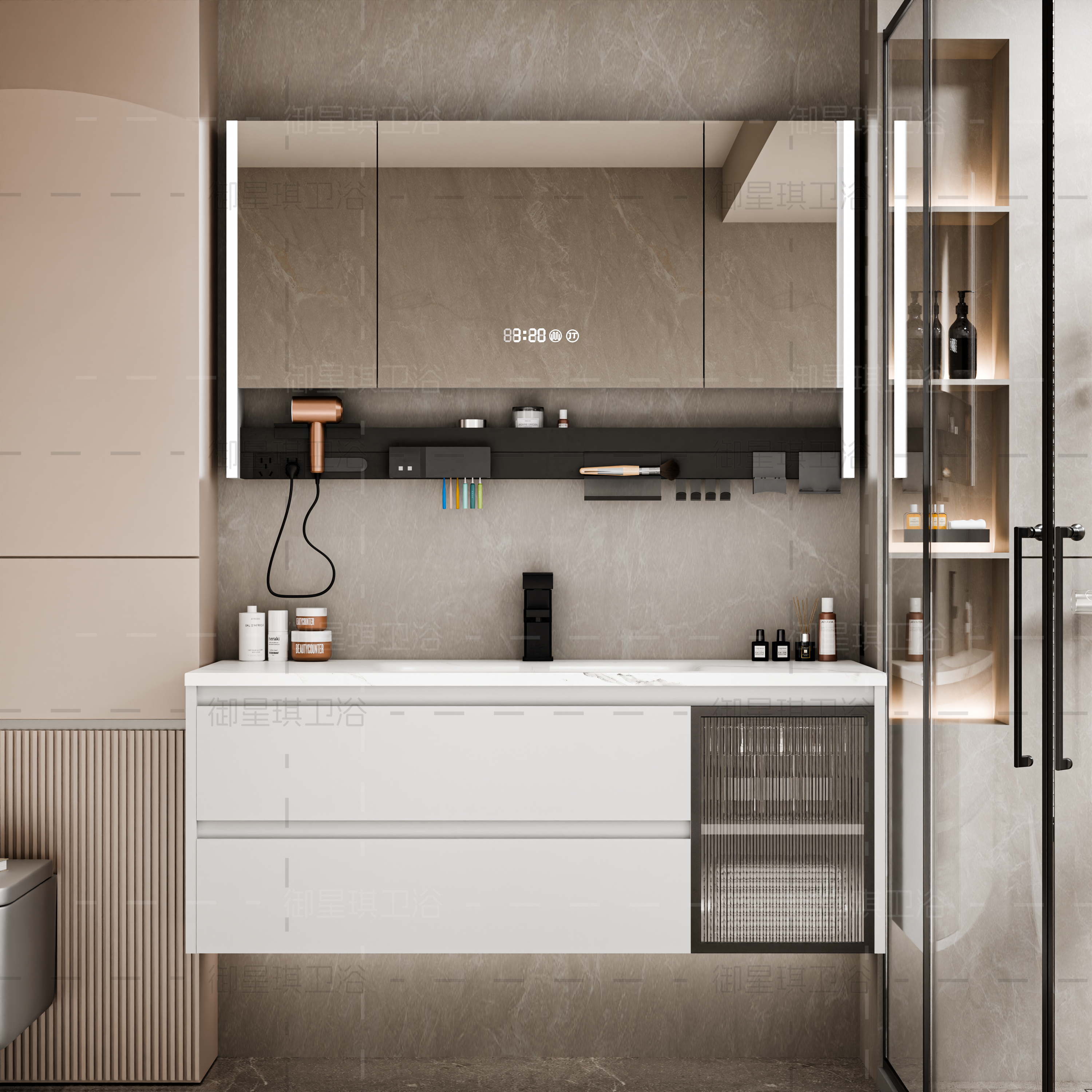 轻奢风岩板热弯一体盆浴室柜组合