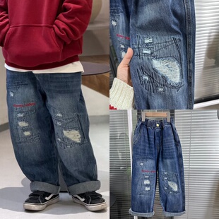 新品儿童牛仔裤2026春款男女童韩版破洞做旧复古休闲长裤直筒裤潮