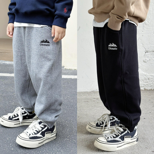 冬款儿童加绒加厚刺绣字母校园运动裤不倒绒男女童宝宝卫裤长裤