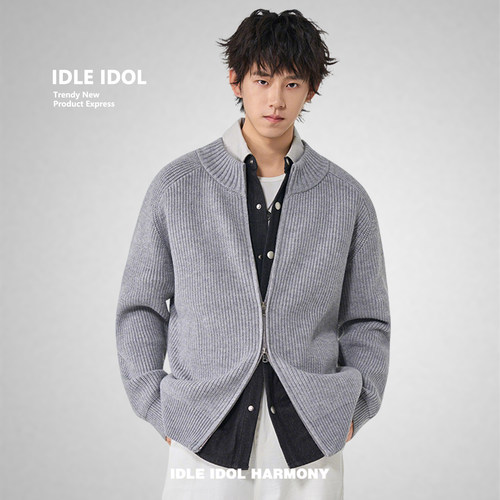 IDLE IDOL立领拉链针织开衫男灰色宽松百搭毛衣百搭款外套