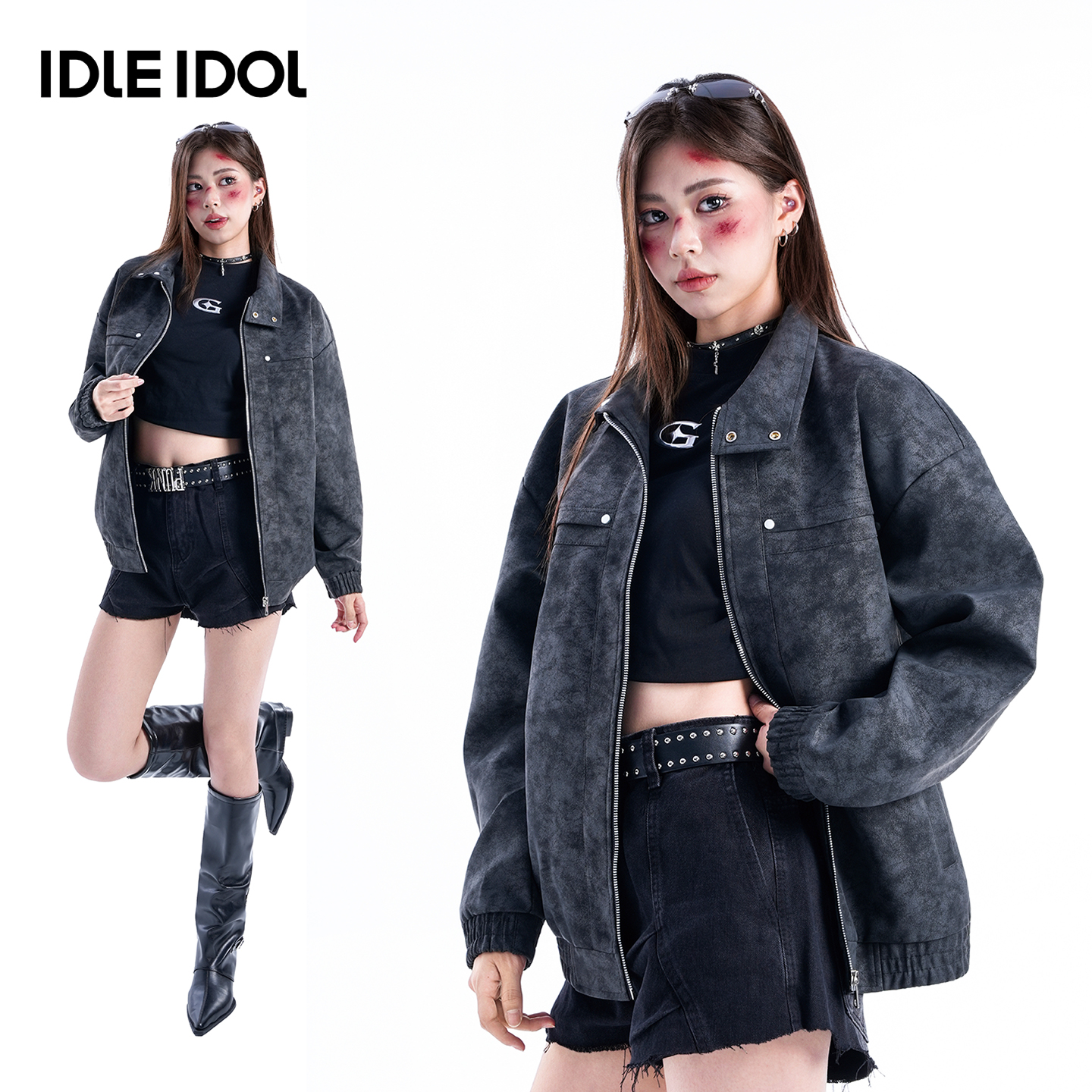 IDLEIDOL美式水洗做旧PU夹克