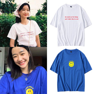 泰版流星花园tu妹杉菜Tontawan同款衣服宽松纯棉印花短袖T恤上衣