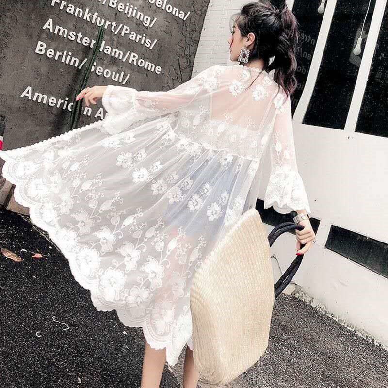 游泳外披衣夏季海边度假沙滩刺绣防晒衣女开衫外搭蕾丝披肩中长款
