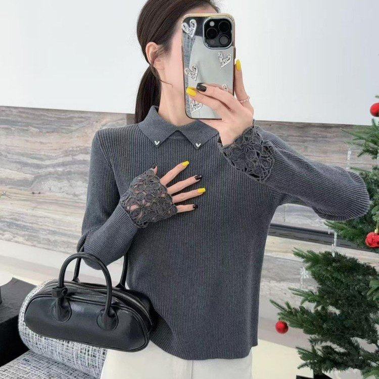 原版直播爆款2025冬季新款时尚翻领蕾丝拼接洋气针织衫女