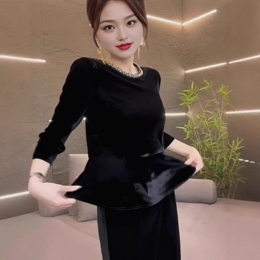 一份时尚计感丝绒T恤衬衫2025年春秋季新款中长袖新款显瘦百搭女