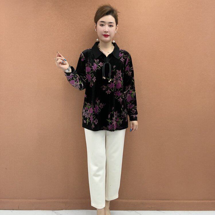 2026秋季新款时尚立领盘扣印染丝绒中长款打底衫上衣女装