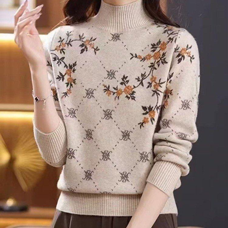 直播爆款2025冬季新款时尚半高领印花气质针织衫上衣女装