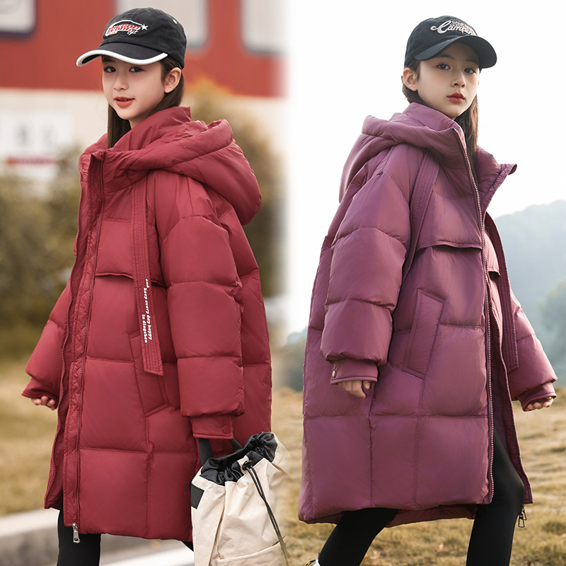 女童羽绒服中长款纯色冬季中大童儿童冬装2024新款洋气女宝宝外套