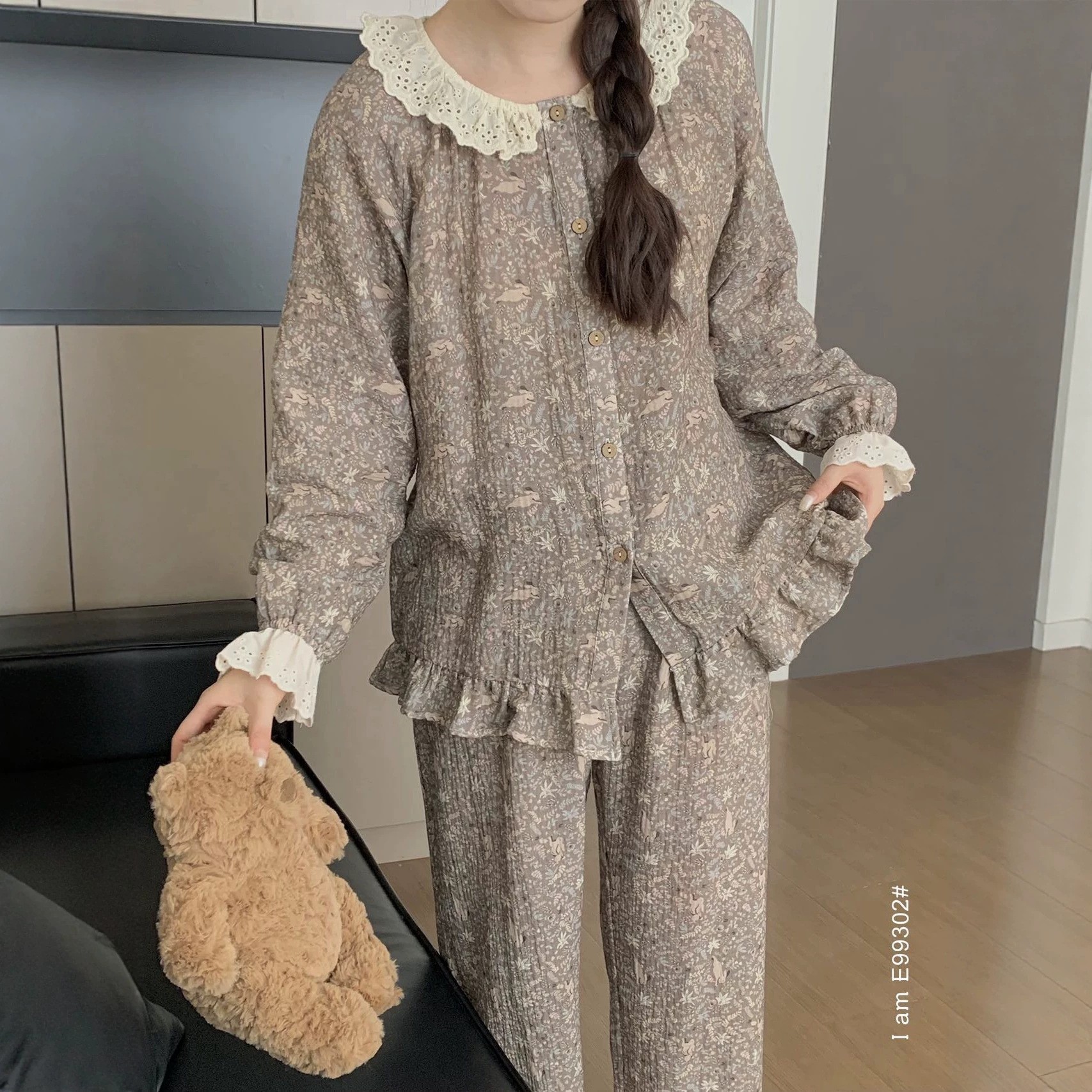 法式浪漫蕾丝花边碎花睡衣女春秋纯棉长袖套装 田园风休闲家居服