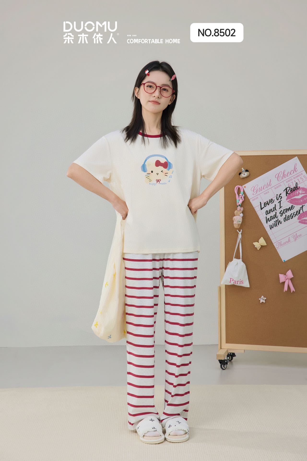 2026新款睡衣女夏季棉质短袖长裤家居服套装卡通可爱KT猫两件套