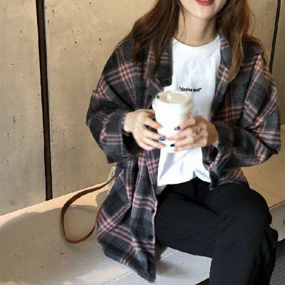 磨毛棉格子襯衫 韓版oversized顯瘦中長款襯衣秋裝