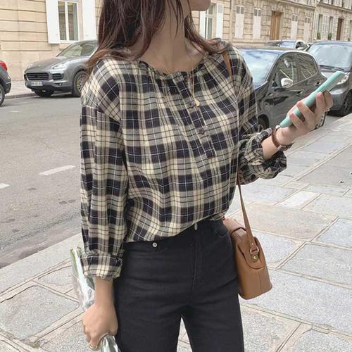 Spring Korean retro simple autumn versatile loose breasted round neck Plaid Long Sleeve Shirt Top