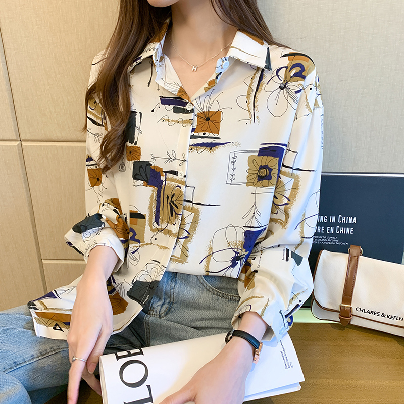 Retro Hong Kong Style Chiffon Long Sleeve printed shirt top popular loose design