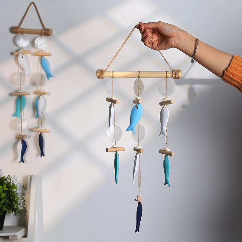北欧风创意漂流木风铃实木麻绳鱼串墙壁挂饰餐厅民宿海洋主题