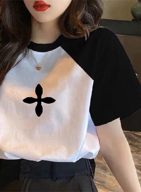 300斤胖mm大码纯棉t恤短袖女2023新款夏装宽松显瘦遮肚插肩袖上衣