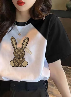 特大码300斤纯棉拼色插肩短袖t恤女夏装宽松胖妹妹240斤显瘦上衣