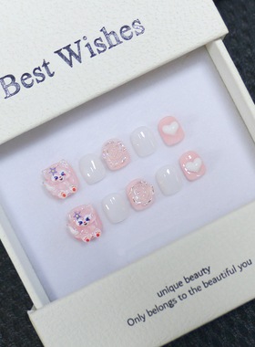 儿童穿戴甲2025新款纯手工高颜值短款可爱卡通粉色美甲贴片假指甲