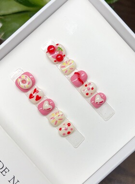 儿童穿戴甲可爱樱桃波点粉色甜美公主风美甲贴片小朋友短款假指甲