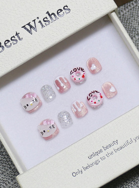儿童穿戴甲高颜值粉色甜甜圈猫眼美甲贴片可爱卡通kt猫显白假指甲