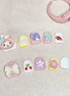 儿童穿戴甲纯手工可爱卡通美乐蒂美甲成品贴片小女孩子假指甲无毒