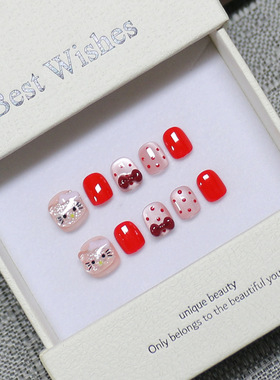 儿童专用穿戴式美甲贴片3-12岁小学生可爱kt猫波点蝴蝶结假指甲贴