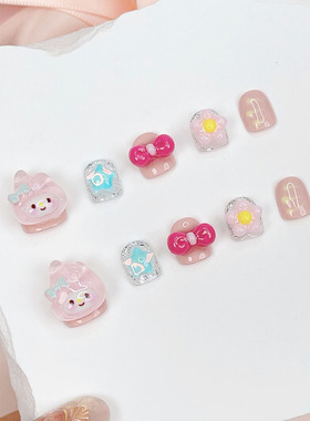 儿童美甲穿戴甲片3-12岁女孩可爱粉色显白美乐蒂假指甲贴片可拆卸