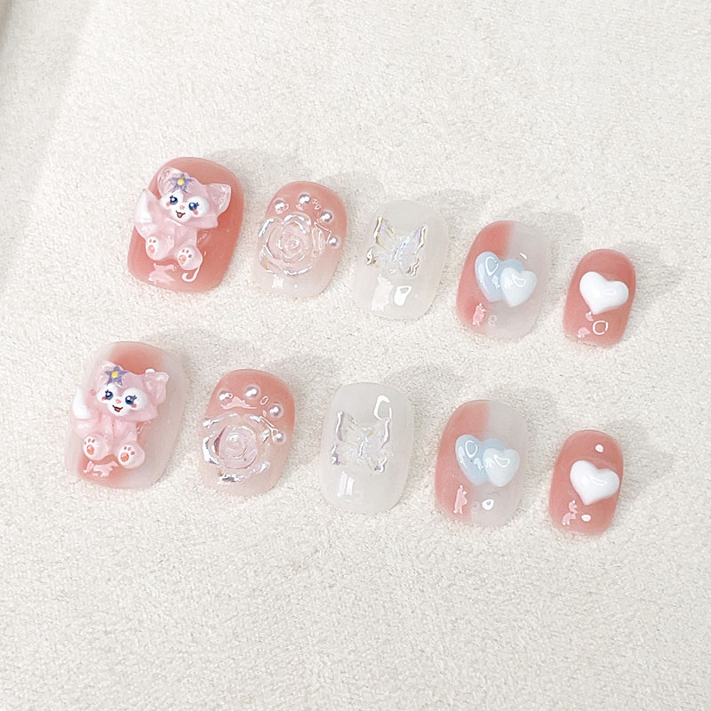 儿童手工穿戴甲可爱卡通玲娜贝儿美甲成品贴片小女孩子假指甲无毒