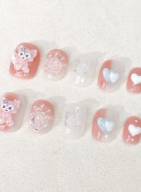 儿童手工穿戴甲可爱卡通玲娜贝儿美甲成品贴片小女孩子假指甲无毒