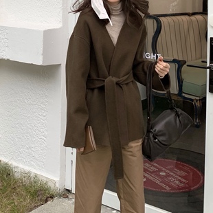 咸菜绿大衣女韩国feminique小个子羊毛外套冬新款 羊绒双面呢上衣