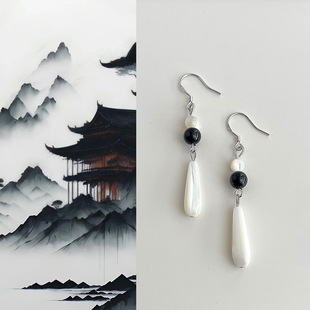 烟雨江南~国风手作黑玛瑙贝壳流苏耳环复古风汉服百搭气质耳饰品