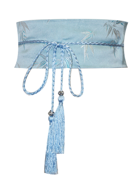 中国风竹叶织锦缎流苏腰带 夏季清新绿色织绣精美汉服腰封百搭款