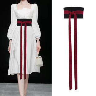 棉麻宽腰封古风汉服直裾束腰带动漫COS腰饰红黑拼色定制超长飘带