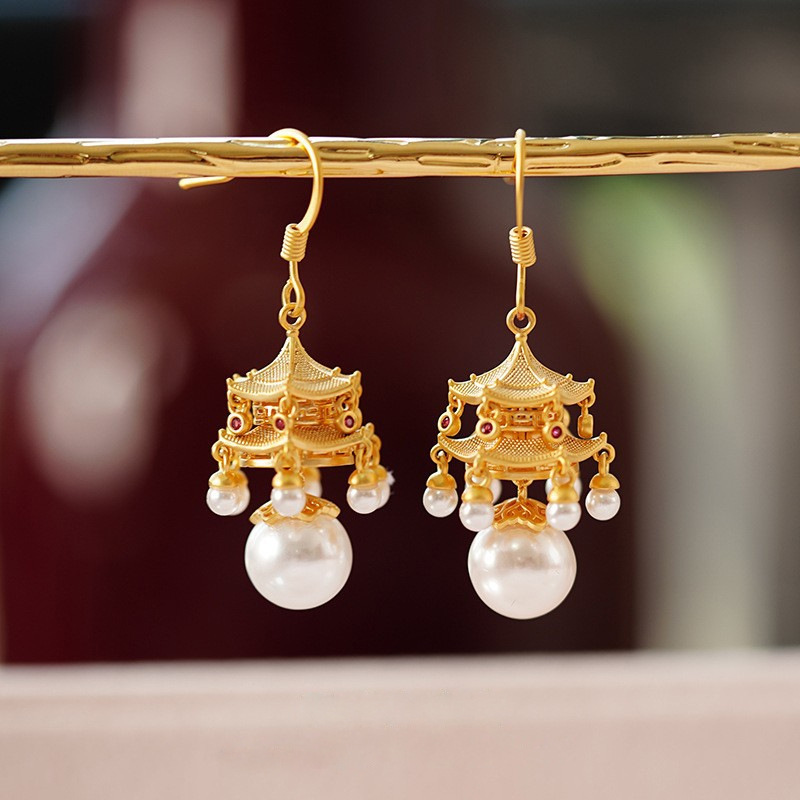 新中式六角楼阁耳环女