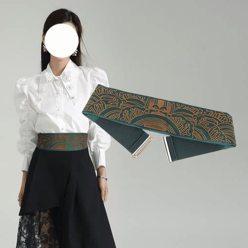 改良汉服刺绣腰带女装饰三星堆图腾复古百搭松紧绑带民族风腰封