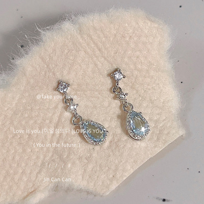[瓦尔登湖]~微镶锆石925银针浅蓝水滴耳钉 ins小巧耳饰 工厂耳环