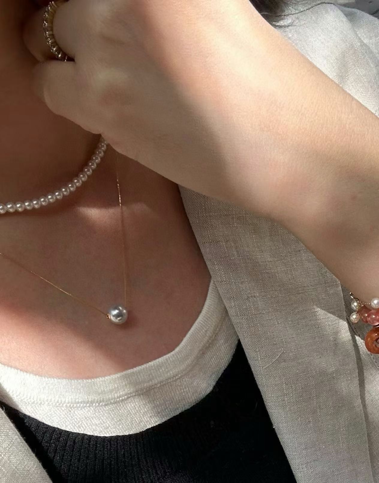 天然海水珍珠真多麻路路通项链18k白金厚金8-9mm正圆无瑕带证书