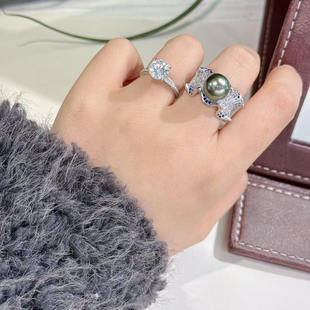 天然海水大溪地黑珍珠戒指女s925银海浪造型轻奢时尚情人节礼物