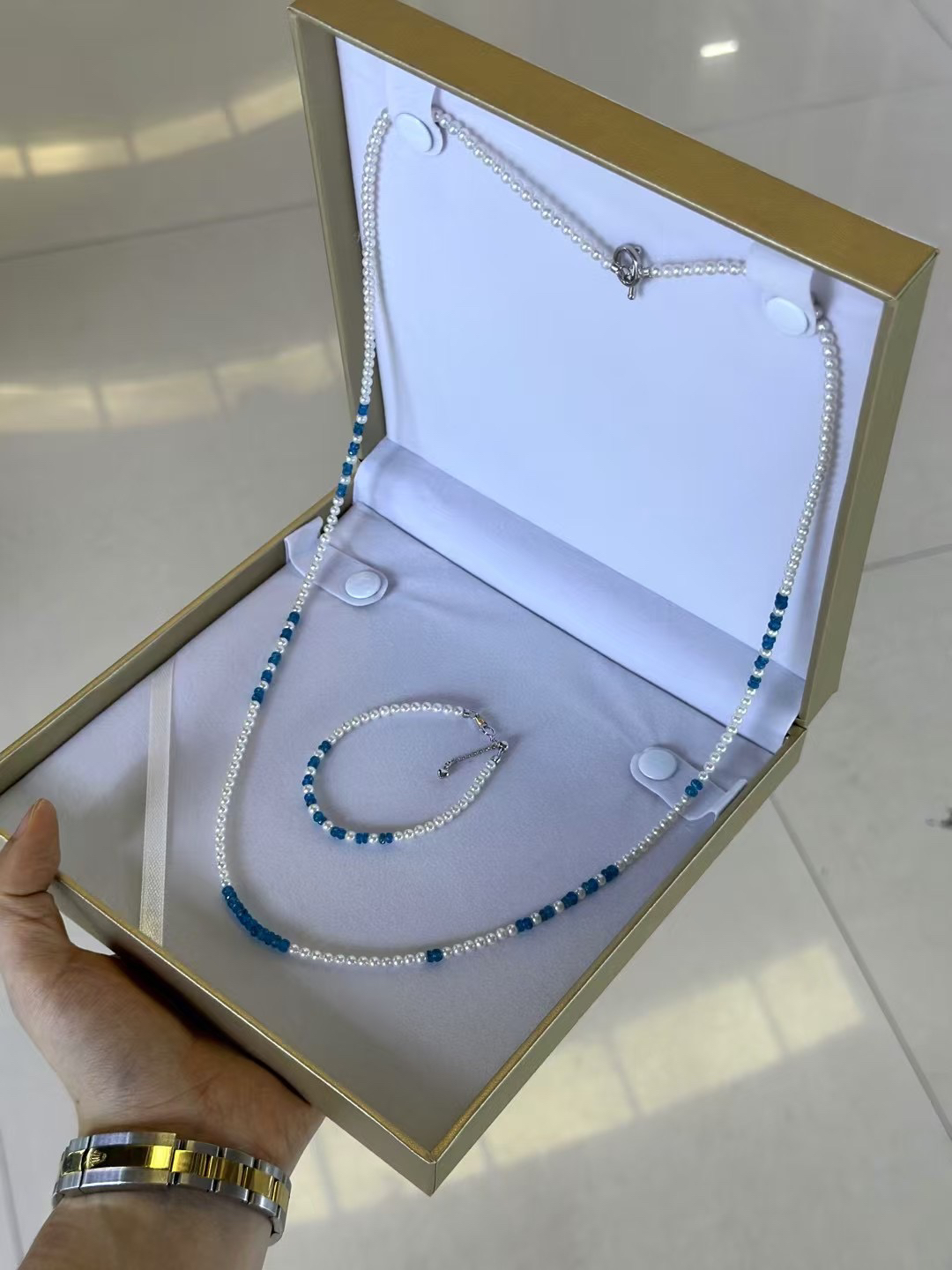 蓝色系彩宝珍珠套装毛衣链手链baby珠送礼天然彩宝中式风