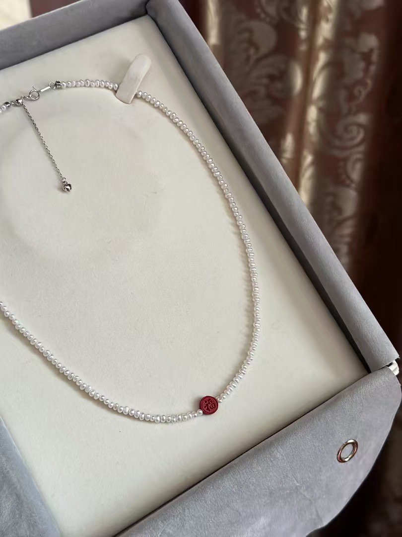 天然淡水珍珠小米珠项链朱砂红锁骨链新中式福字baby链国潮新中式
