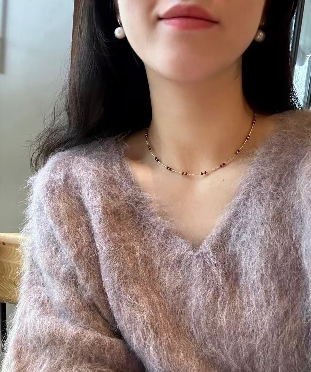 天然红石榴石极光淡水项链锁骨链安可拉红本命年S925银进口保色