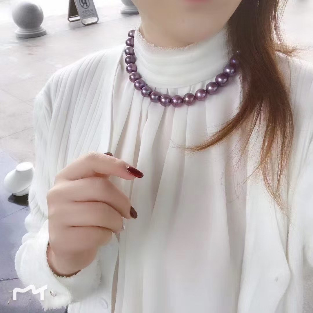 紫色爱迪生珍珠项链女基本正圆强光天然紫色串珠链