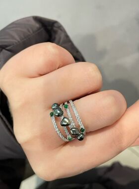 天然大溪地keshi戒指s925银祖母绿镶嵌戒指开口可调节精工纯银