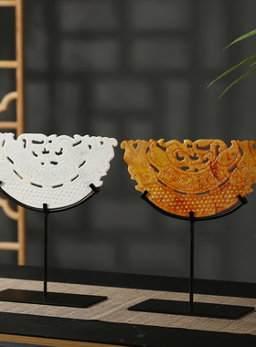 新中式镂空雕刻天然样板间客厅书房博古架售楼处装饰玉璧摆件