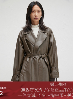 播商场同款美式复古西装领皮衣女24秋收腰系带风衣BDR3FD3224