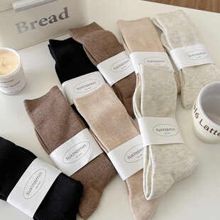 全店满15 春秋天袜子女中筒袜纯色日系堆堆袜外穿潮咖啡色棉袜 包邮