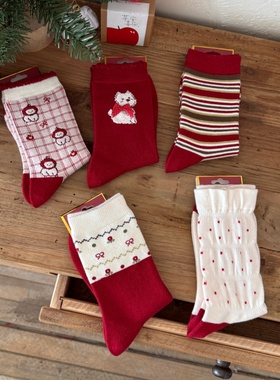 全店满15包邮甜美卡通红色中筒袜女冬季保暖羊毛袜可爱新年堆堆袜