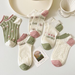 全店满15 袜子女短袜春夏天绿色系镂空透气全棉低帮船袜潮 包邮