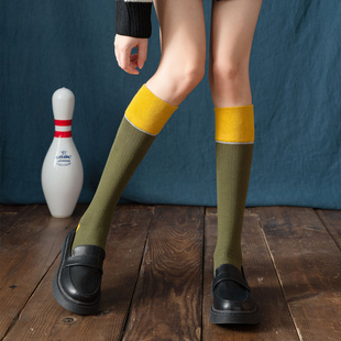 秋天拼色袜子女小腿袜日系中筒袜ins潮百搭街头长筒袜高腰瘦腿袜