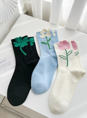 全店满15包邮春秋女士中筒袜个性花朵图案ins潮袜夏天薄街头外穿